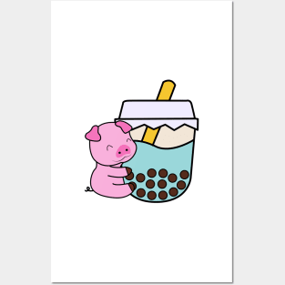 Kawaii Cute Happy Baby Pig Hugs Sweet Bubble Tea Blue Boba Tea Posters and Art